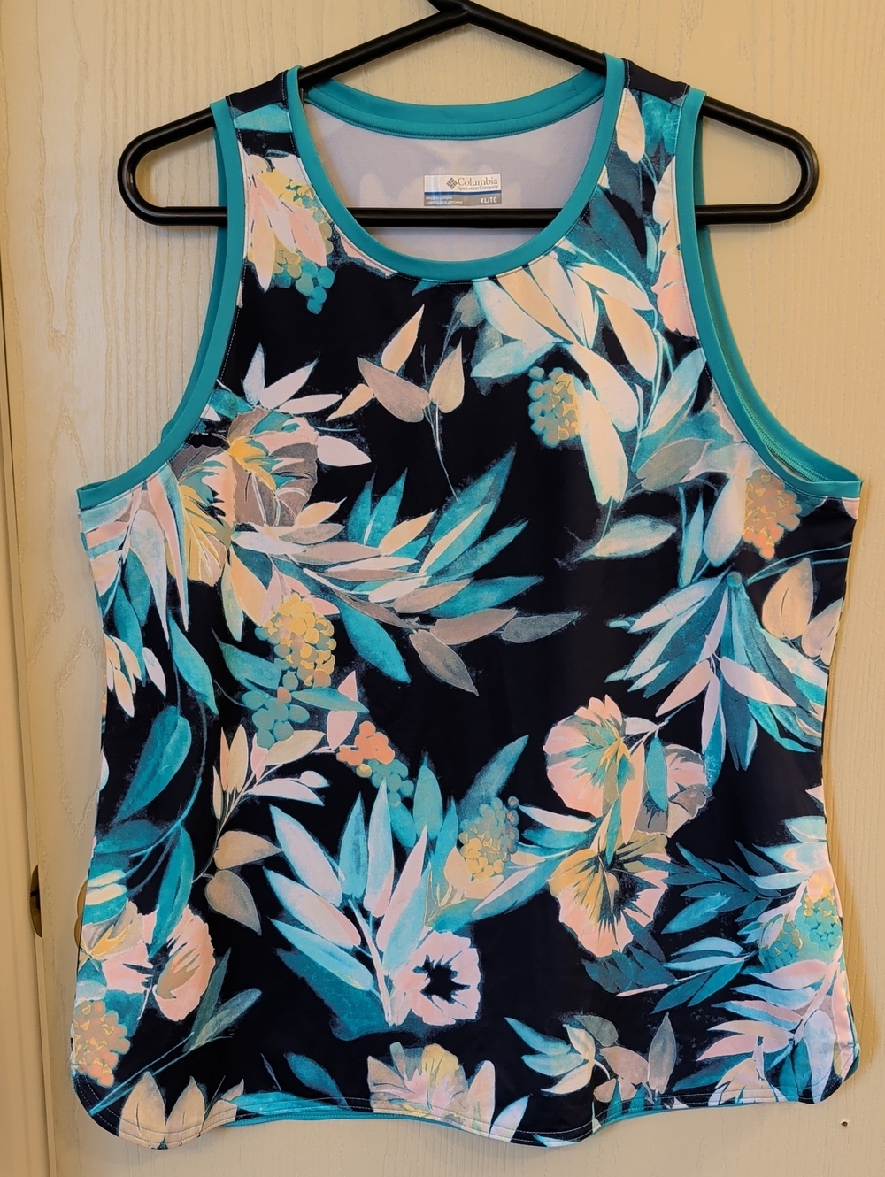Columbia Women's Teal Floral Athletic Tank Top XL Stretch Workout Activewear